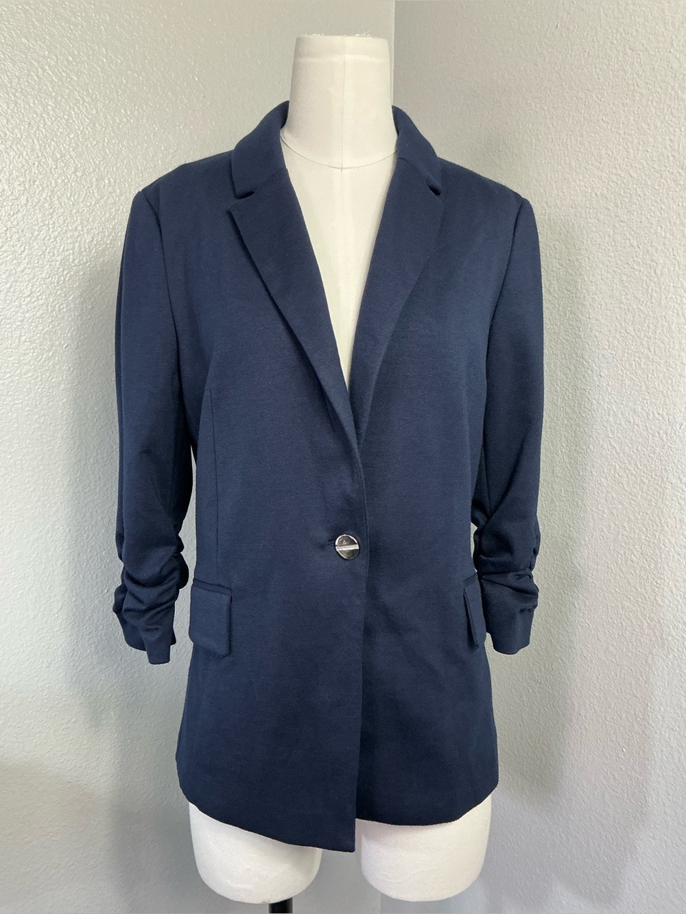 Jules & Leopold Navy Ruched Sleeve Knit Blazer Size S